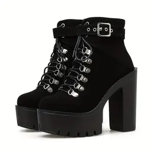 Fashionable Women's Black Platform Ankle Boots with Block Heels, Lace-Up Buckle Strap Pumps for Parties and Motorcycle Rides