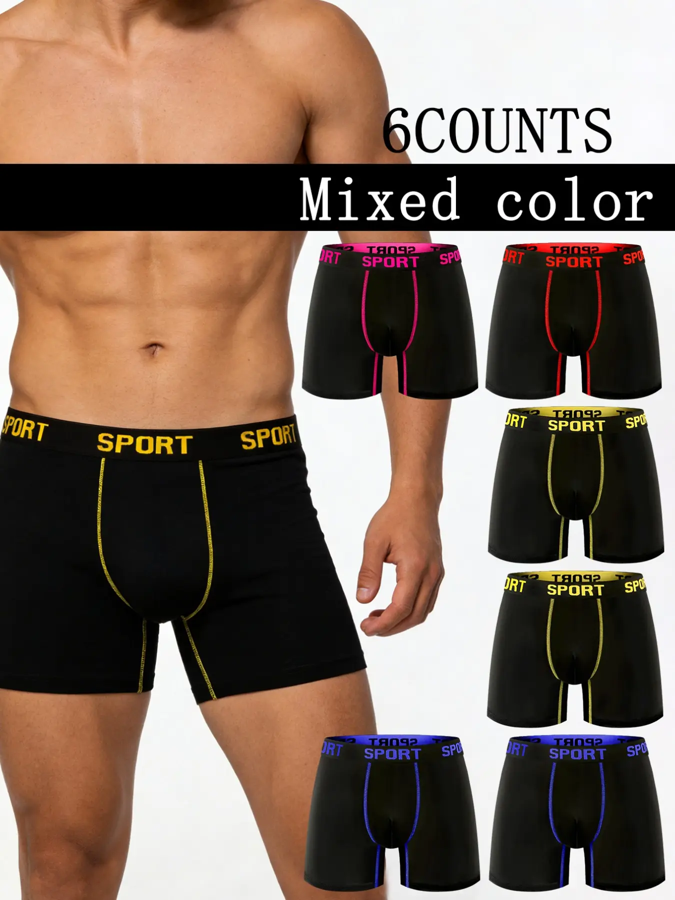 6 pcs Men's long flat cornered underwear, Comfortable and breathable stretch underwear, Lightweight and soft, sporty, Sports Briefs, Workout Gym Underwear, Athletic men's underwear, Suitable for home wear, Durable and casual, Suitable for fitness boxing