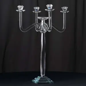 5 Arm Crystal Glass Candelabra 27" Clear- Glamorous Taper Candle Holder Table Centerpiece Stand for Weddings & Banquets