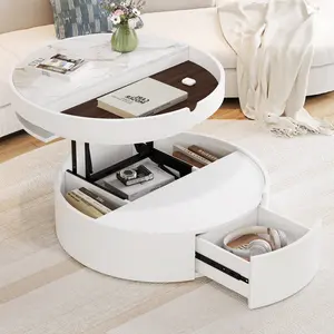 White Round Lift Top Coffee Table with Storage Drawer, 29.5 Inch Dual-Tone Marble & Wood Grain Tabletop, Modern Ottoman Style Cocktail Table