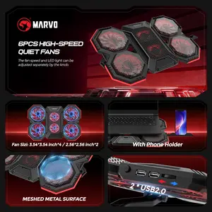 Gaming Laptop Cooler Stand - 6 High-Efficiency Fans, 6-Speed Cooling & 6-Level Backlight (Single Knob Control), Dual USB Ports, Integrated Phone Holder, Fits 9-17.3 Inch Laptops, Slim 39927036mm for Home/Office/Travel/Gamers