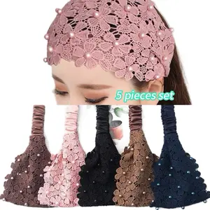 Lace Headband Set - 5 Pieces Latest Beaded Band for Women's Fashion Accessories in Pink, Black, Brown, and Navy