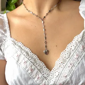 Silver Heart Locket Rosary Style Necklace | Stainless Steel, Heart Chain, Coquette, Vintage, Lana, Layered Look, Gift for her, Cottage Core, Heart Jewelry