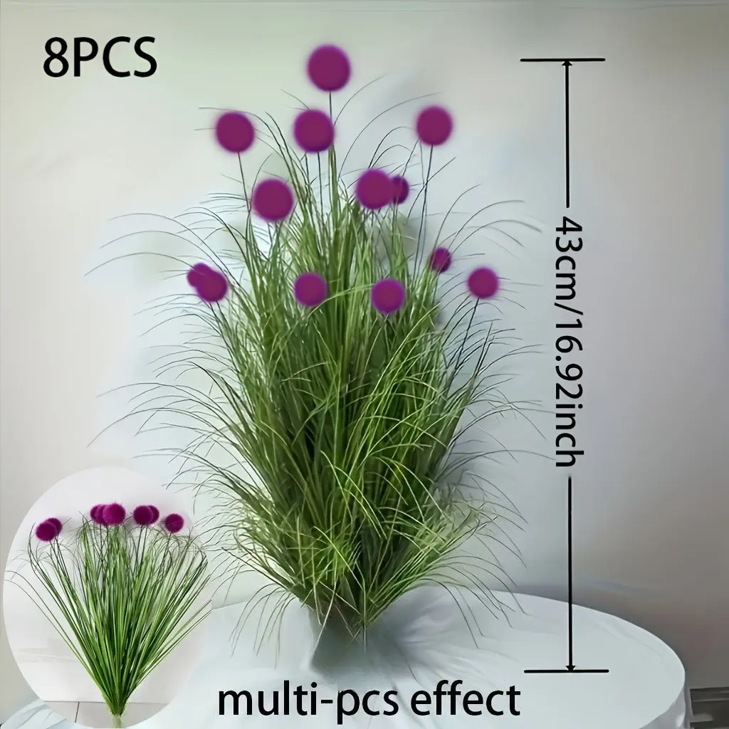 A set of 8 artificial green tall grasses with purple bulbous stems, Evergreen Faux Plants, Artificial Plant Decor, perfect for outdoor ground cover plants. Ideal for living rooms, bedrooms, balconies, patios. Pots not included