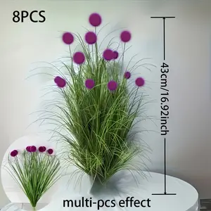 A set of 8 artificial green tall grasses with purple bulbous stems – perfect for outdoor artificial ground cover plants. Ideal for use in living rooms, bedrooms, balconies, patios, and other areas. Pots not included.