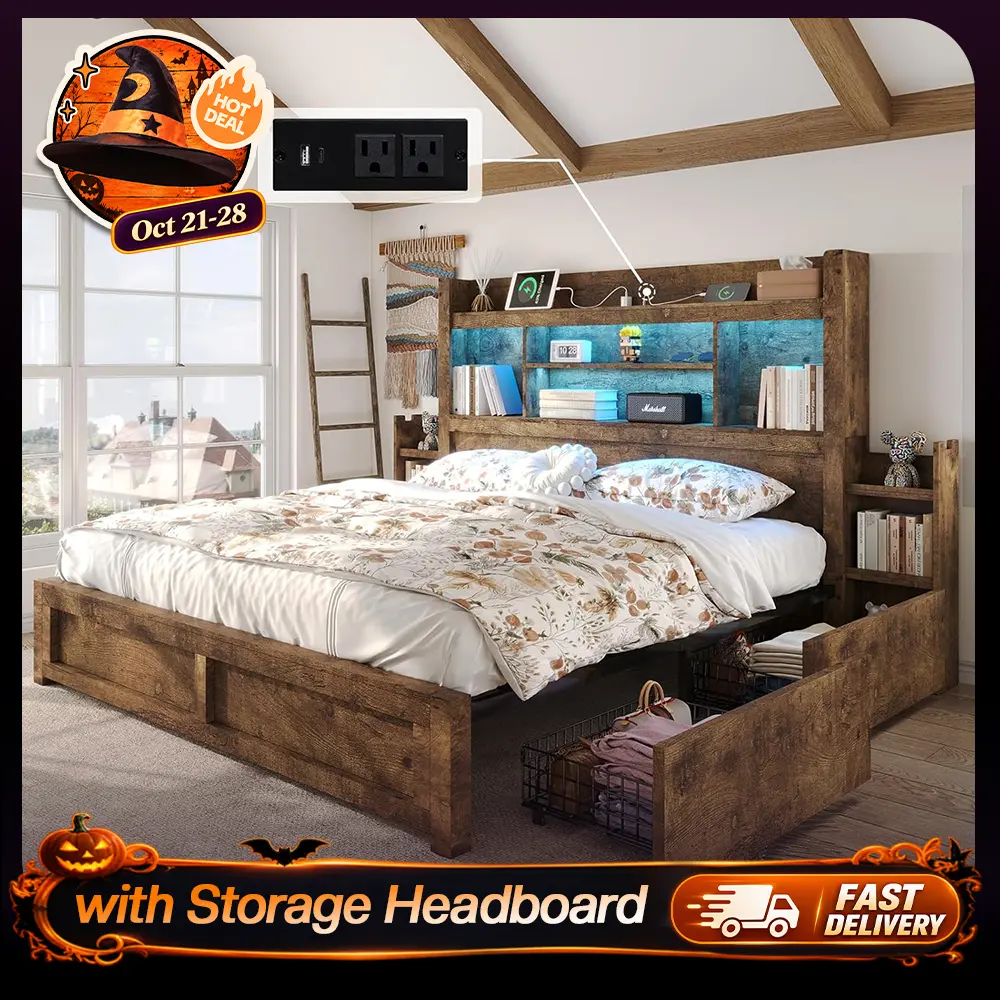 【Ships in 2 Boxes】AMERLIFE Bed Frame with 49.6" Bookcase Headboard & 2 Bedside Stoage Racks & 4 Drawers, Farmhouse Wood Bed Frame with RGB LED & Charging Station, No Box Spring Needed #SohoChic