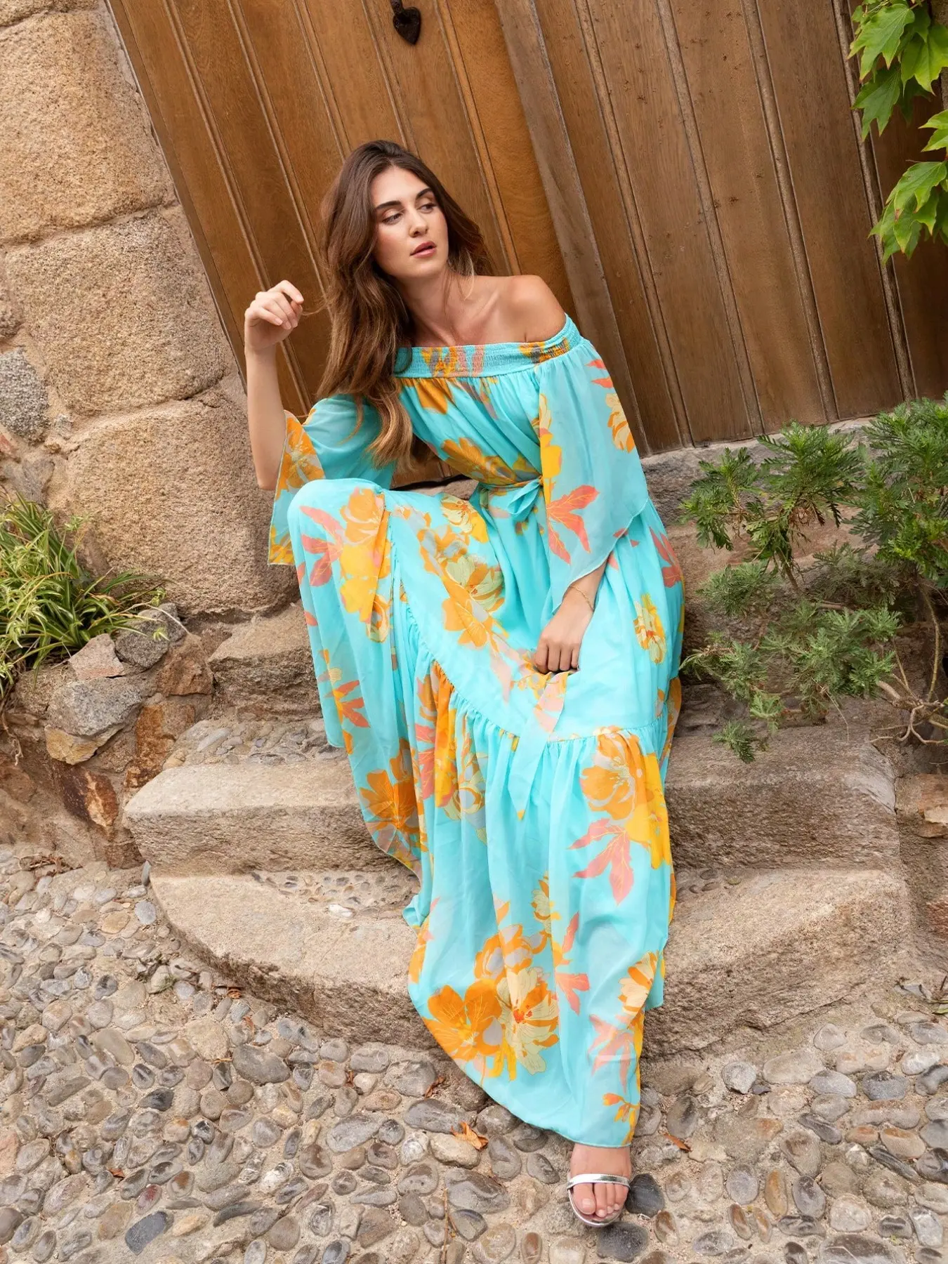 Elegant Off-Shoulder Flounce Sleeve Long Sleeves Belted Floral Print  Chiffon Maxi Evening Dress, Perfect for Beach Vacation, Garden Party,  Outdoor Wedding - TikTok Shop