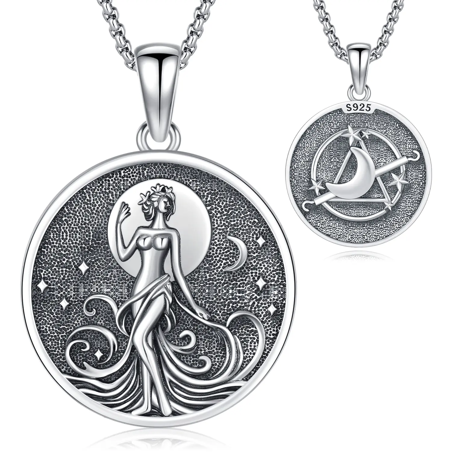 DRINSPER 925 Sterling Silver Celestial Pendant Necklace, Greek Mythology Primordial Goddess Nyx Night & Chaos Jewelry for Pagan Women