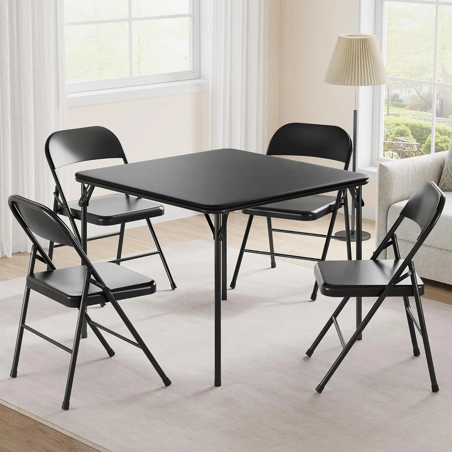 GAOMON Portable Folding Card Table and Chair Set of 5, Pu Upholstered Foldable Table, and All Metal Folding Chairs, Table and Chairs Suitable for Dining Room, Living Room, Office, Camping-Black