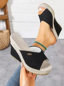 Women's Fashion Wedge Sandals, Casual Comfortable Heeled Sandals, Height-Boosting Lightweight Breathable Sandals, Textile Upper, Rubber Sole