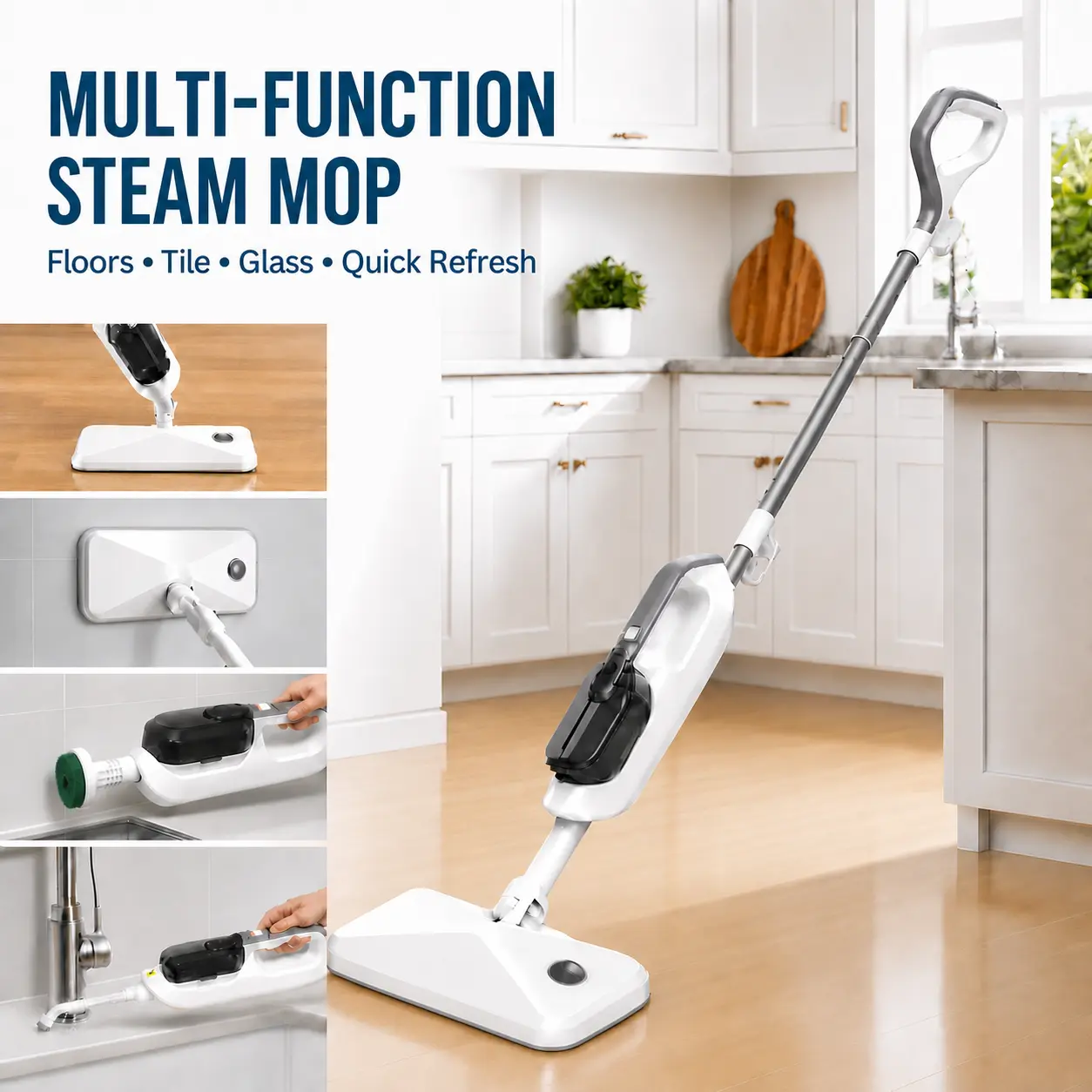 BOJUK D7 Steam Mop for Sealed Hard Floors, 260°F High-Temperature Steam Cleaner with 470ml Removable Tank, 3 Steam Settings, 30s Heat-Up, Squeegee and Detail Brush Attachments