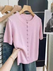 Women's Short Sleeve Knit Cardigan, Elegant Round Neck Buttoned Sweater Top, Casual Slim Fit Ribbed Knitwear for Spring Summer Basic