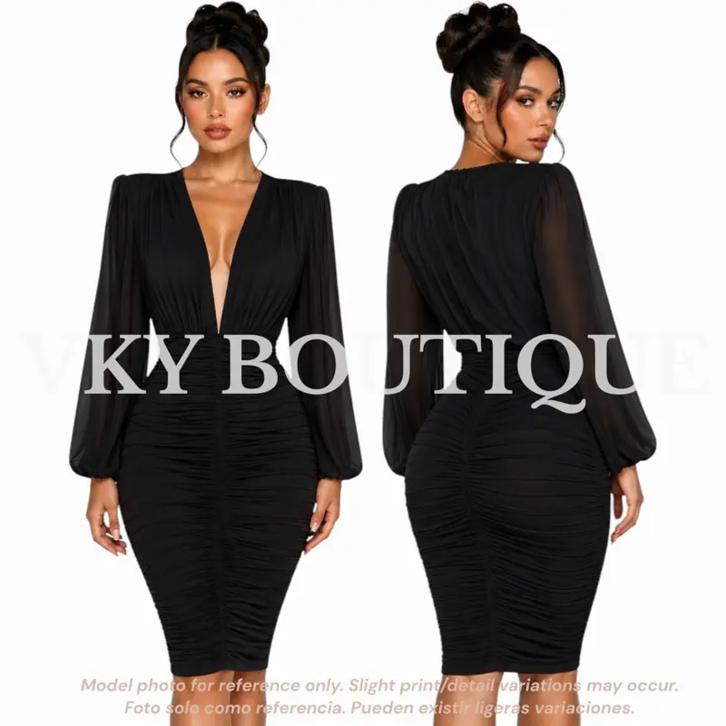 V-Neck Diva Ruched Bodycon Dress with Long Sleeves for Women TS