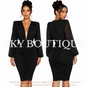 V-Neck Diva Ruched Bodycon Dress with Long Sleeves for Women TS