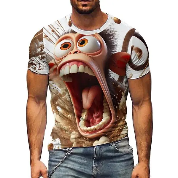 Men's  Short-Sleeve T-Shirt, Crew Neck (Round Neck), Quirky 3D Printed Monkey Face, Creative Fun Design, Casual Versatile Menswear Top, Shortsleeve, Tshirt oversized tee streetwear, Fabric, Breathable Casual Graphic Design Crewneck, Loose Tropical Vibe, D