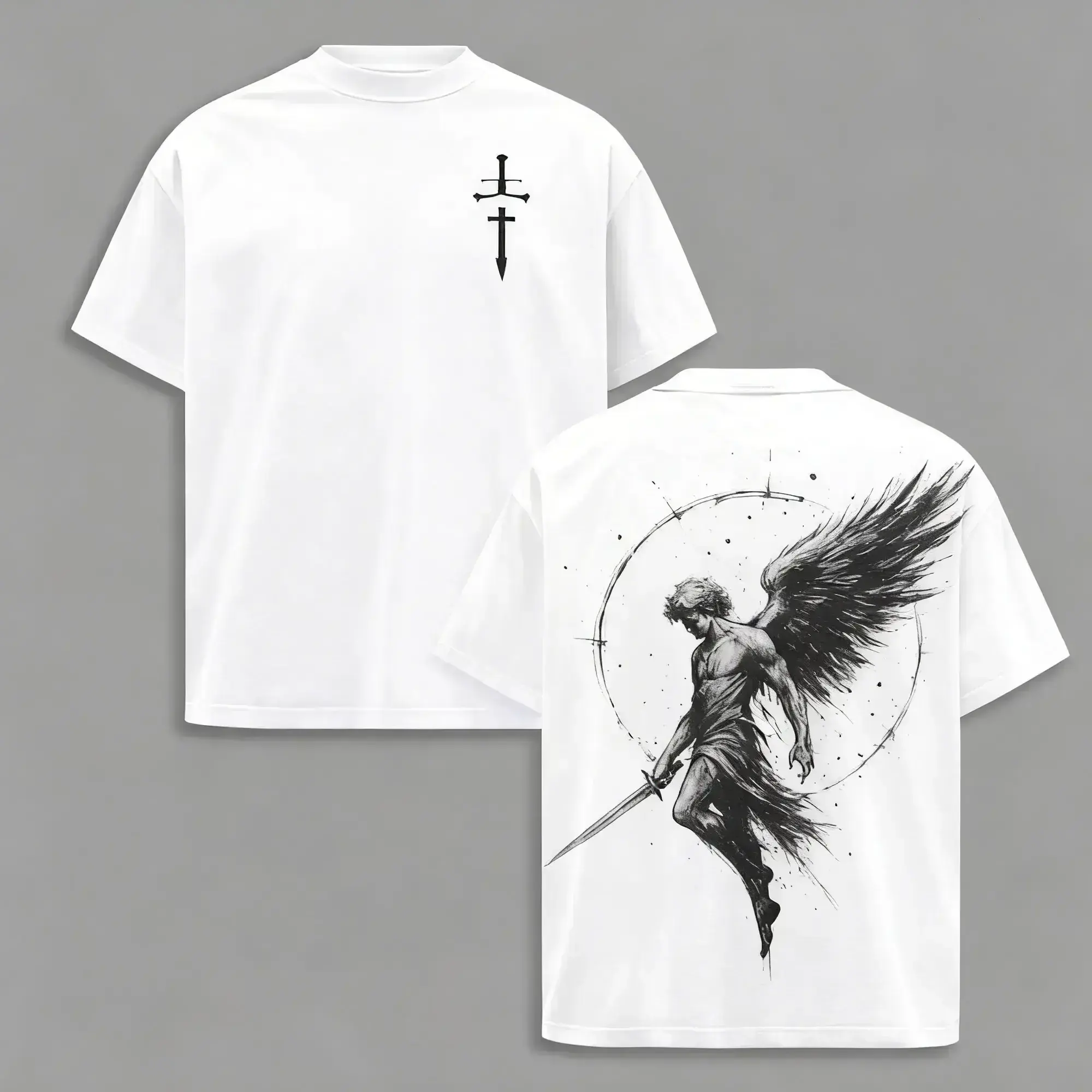 Fallen Angel Sword Washed Tee – Vintage Heavy Cotton Graphic T-Shirt for Men, Oversized Breathable Streetwear Crew Neck Short Sleeve Couple Style Casual Top