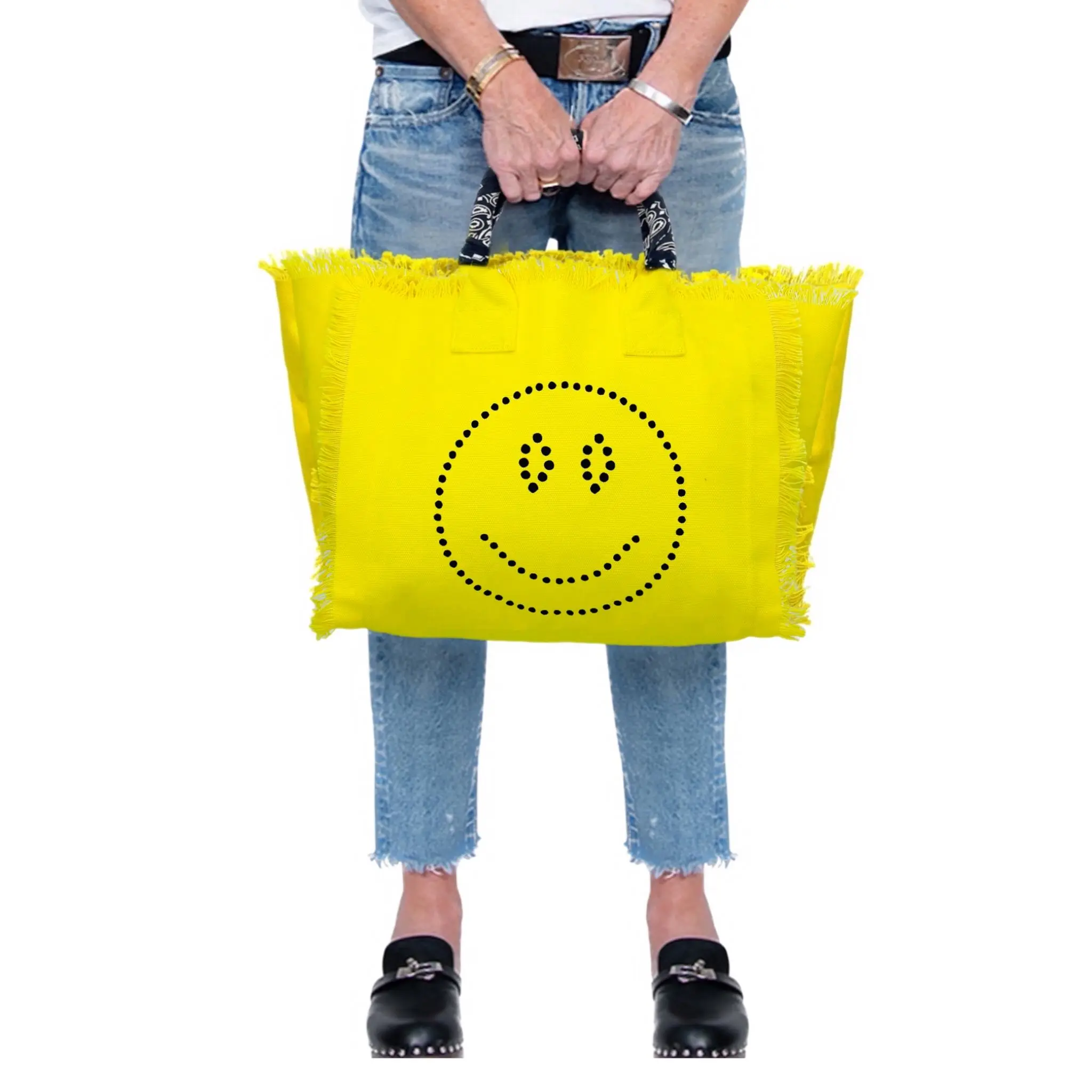Smile Dotted Black Fringe Canvas Bag