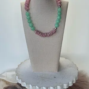 African Recycled Glass & Aqua Green Calcite Necklace 17" with 2.5" Extender Tarnish Resistant Beads