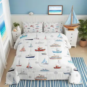 Nautical Sailboat Comforter Set Sea Transportation Ships Bedding Set,Boat Anchor Rudder Print Quilt Set,Kids Boys Girls Teens Room Decor,Blue Red White Duvet Insert