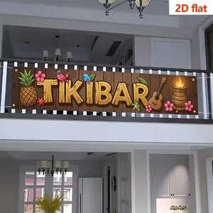 Cartoon Wood Grain Bar Decor Banner, 240cmx45cm Polyester, Hawaiian Aloha Style, Tiki Bar Letters, Pineapple Turtle Bird Hibiscus Pattern, Outdoor Party Props
