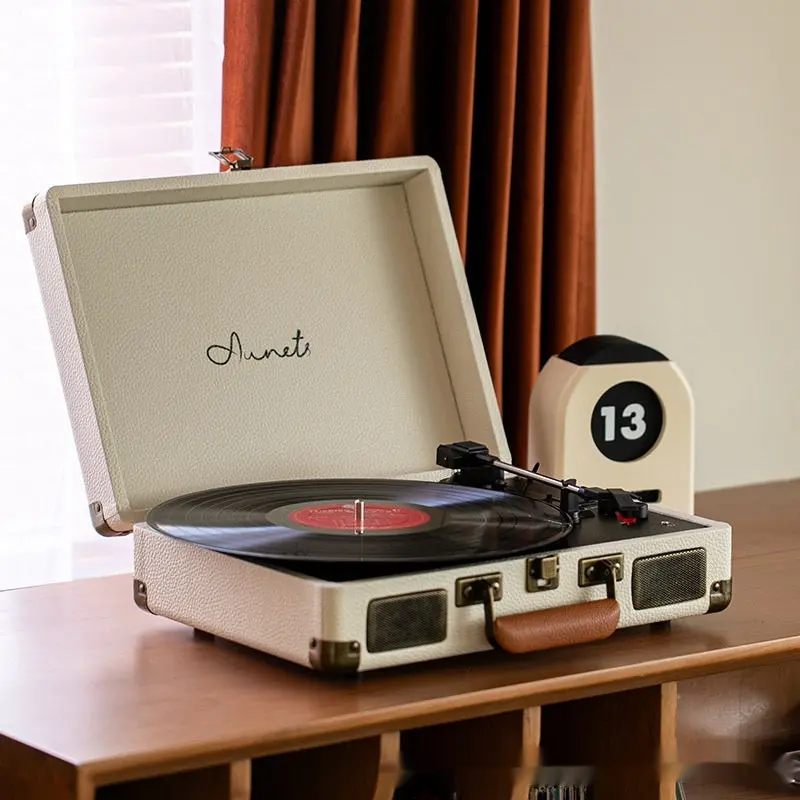 Vintage Gramophone Record Player - Portable Bluetooth Wireless Audio Device with Built-in Speaker, Retro Leather Suitcase Case (Collectible Vinyl Record Accessory)