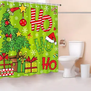 Christmas Shower Curtain Sets Christmas Tree Design Bathroom Green Red Waterproof Shower Curtain, for Merry Xmas Bathroom Restroom Home Decor with Hooks 66x72in