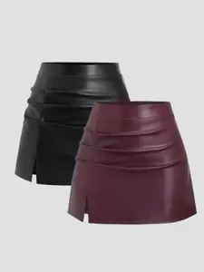 Women's Elegant Vintage High Waist Pleated Mini Skirt with Side Slit, Elastic Solid Color Spring Summer Fall, Casual to Formal Wear, Womenswear