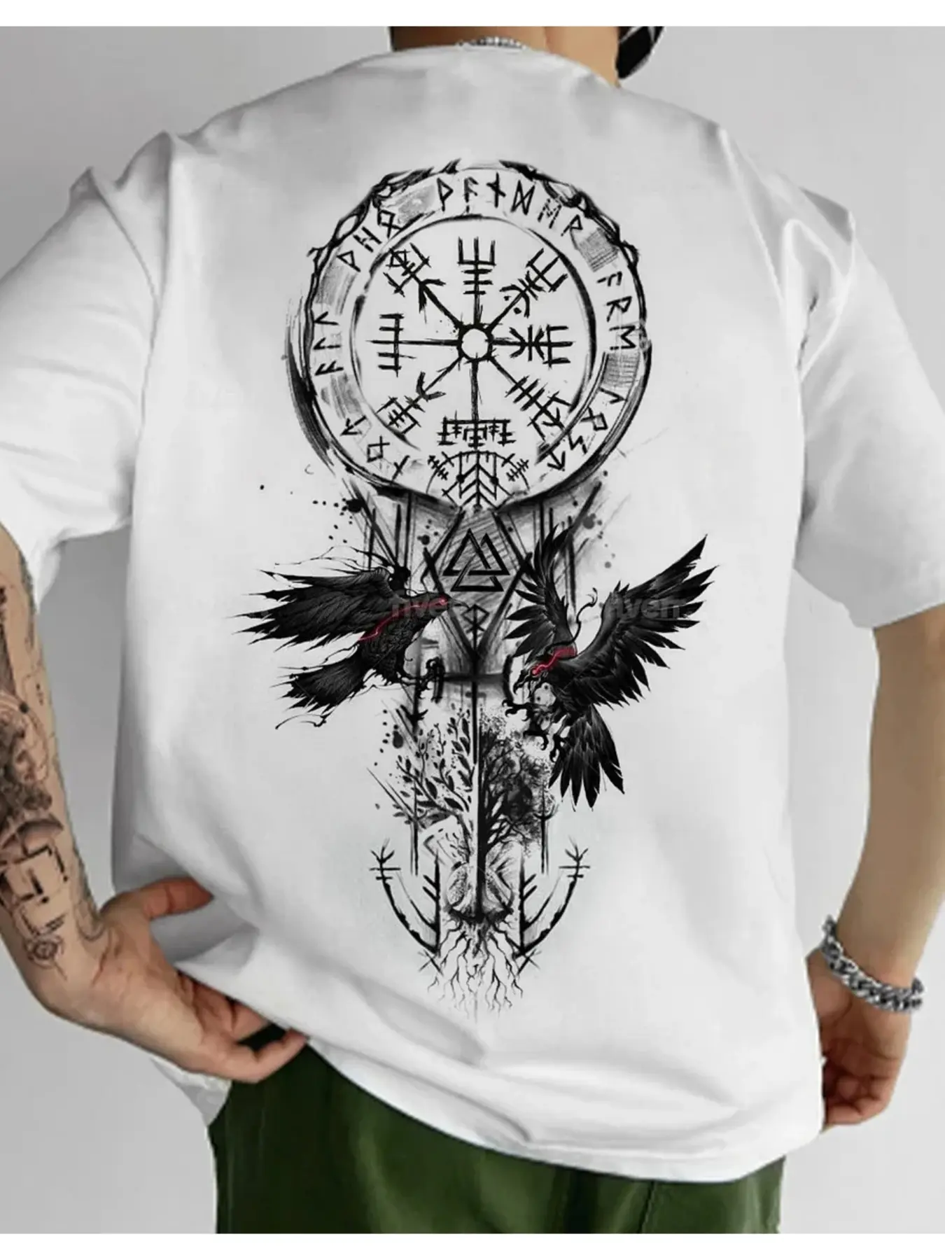 Men's 100% Cotton Y2K Streetwear T-Shirt with Viking Compass Wings and Runes Artwork White Short Sleeve Round Neck Casual Hip Hop Tee for Street Style and Daily Wear