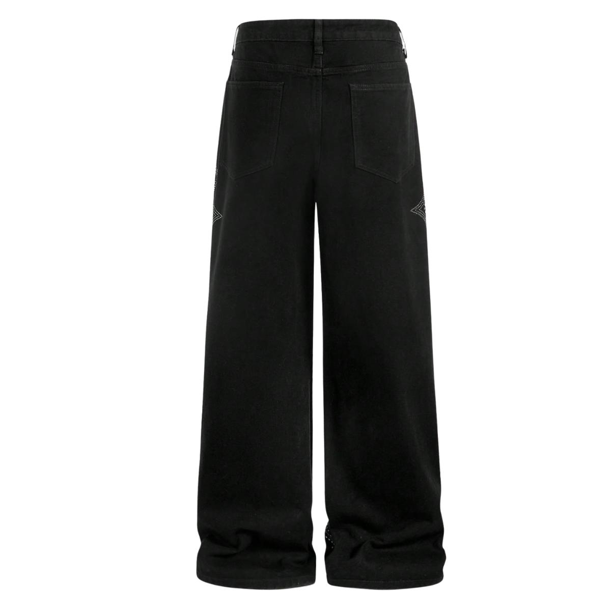 Men’s trendy black denim jeans with star rhinestones, high-street style wide-leg long pants