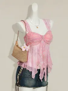 Summer Beach Vacation Floral Mesh Halter Top, Cute Asymmetrical Hem Sleeveless Women's Transparent Shirt, Small Fresh Style
