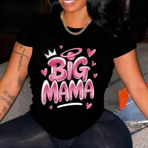Women's Plus Size Short Sleeve T-Shirt, BIG MAMA Graphic Crown & Hearts Geometric Print, Breathable Round Neck Cotton All Season Casual Top