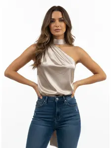 Women's Satin Halter One-Shoulder Back Slit Sleeveless Top in Evening Style, High-End Slim-Fit Outerwear for Banquets and Parties, Elegance