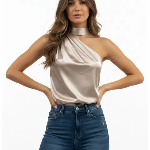 Women's Satin Halter Tank Top One-Shoulder Back Slit Sleeveless Top in Evening Style, Classy Tops, Elegant Chic Sleeveless High-End Slim-Fit Outerwear for Banquets and Parties, Elegance Lady Womenswear Fitted