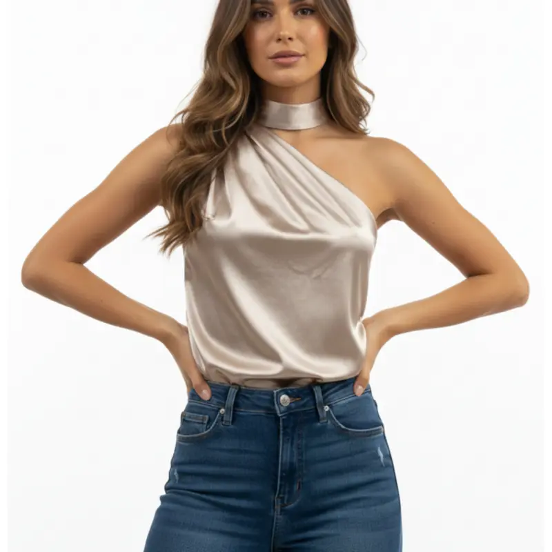 Women's Satin Halter Tank Top One-Shoulder Back Slit Sleeveless Top in Evening Style, Classy Tops, Elegant Chic Sleeveless High-End Slim-Fit Outerwear for Banquets and Parties, Elegance Lady Womenswear Fitted