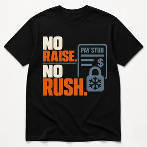 Funny Work Shirt USA Shipped 100% Cotton, No Raise No Rush Tee, Sarcastic Employee Office Humor T-Shirt, Coworker Gift Unisex Black Graphic Tee