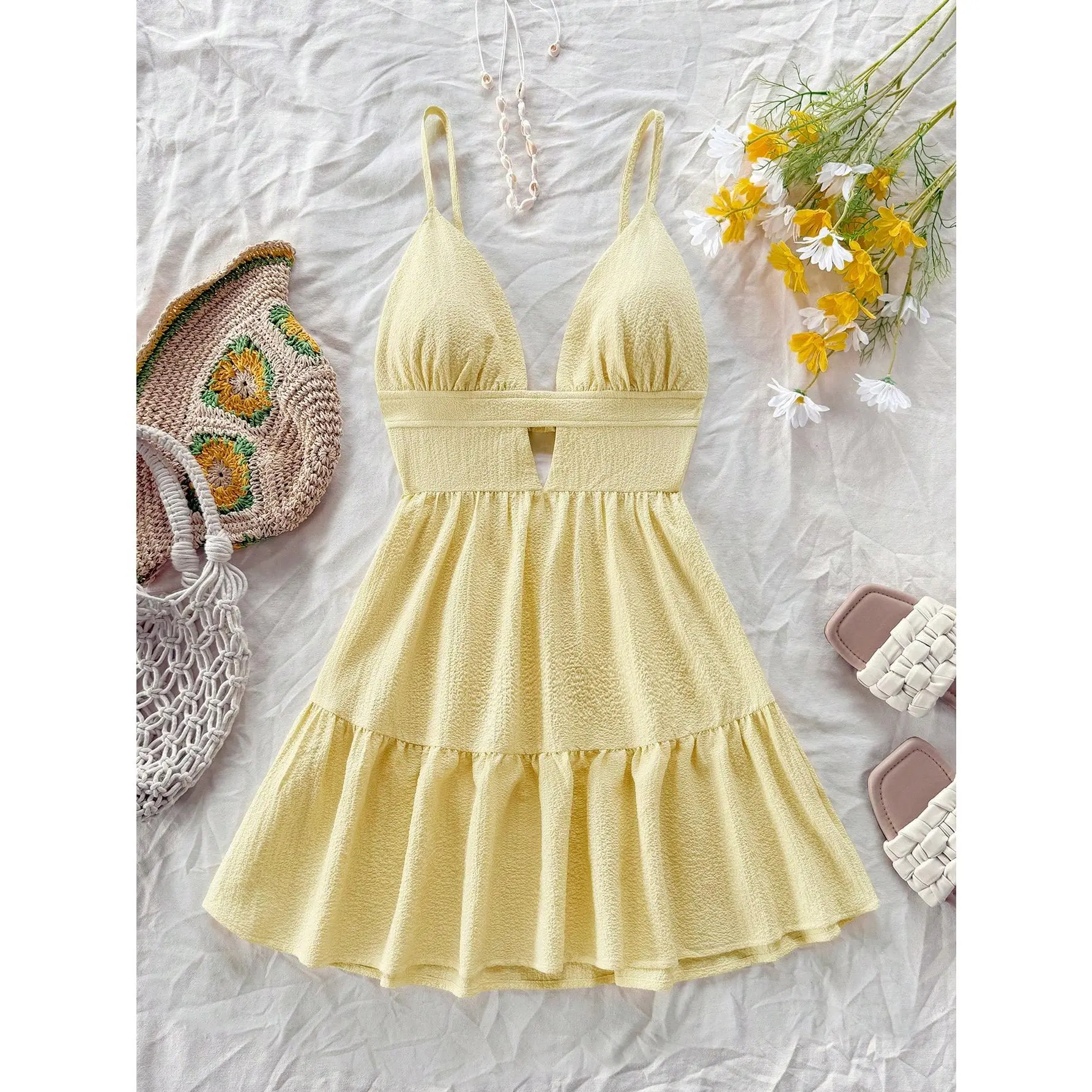 pastel yellow dress casual Berylove Women Light Yellow A Line Work Dress Round Neck Short Formal Dress, Light Yellow / custom