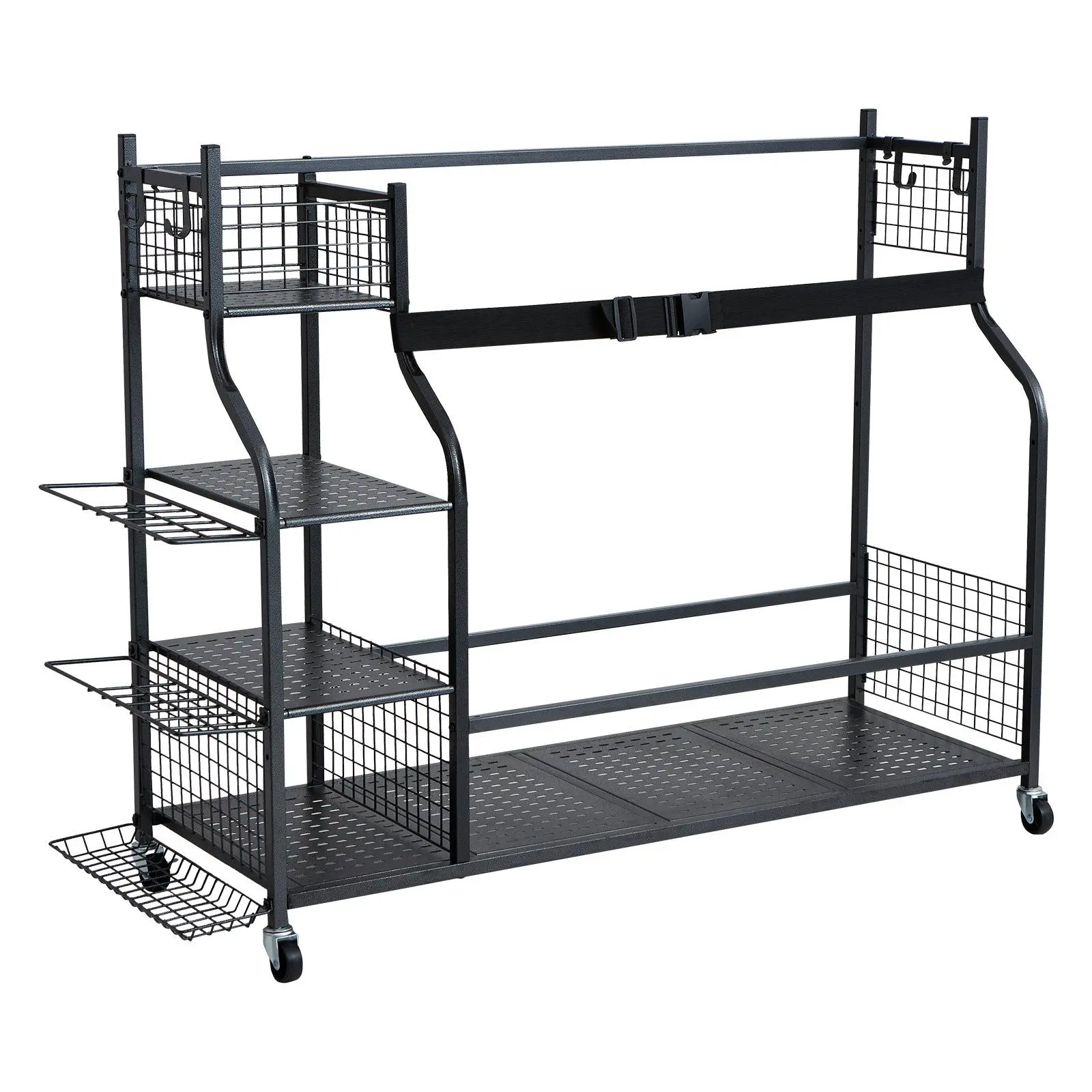 Spring new arrivals Golf Storage Garage Organizer, 3 Golf Bag Stand Holder and Other Sports Equipment Storage Rack, Rolling Ball Cart on Wheels, Outdoor Sport Gear and Toy Storage with Baskets & Hooks, Steel, Black Stainless Auto Tool Se