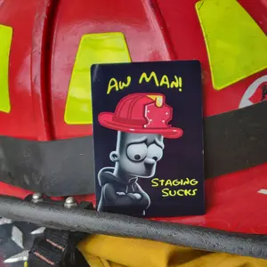 Aw Man! Staging Sucks parody fireifhgter helmet card.  Firefighter gifts, firefighter helmet card. Magnet option available.