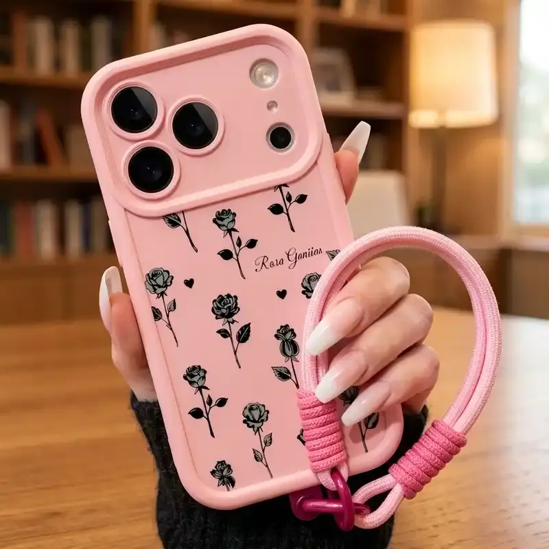 Elegant Black Rose Pattern Phone Case with Lanyard for Phone Case for iPhone 17, 16, 15, 14, 13, 12, 11, X, XR, 8, 7 (Pro/Max/Plus/Air/17E) and Samsung Galaxy S24, S23, S22, S21 Series, Premium Slim Shockproof Lightweight Protective Cover