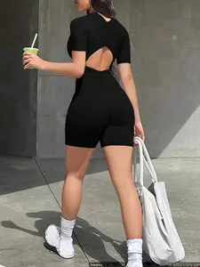 Women’s Black Cutout Jumpsuit Featuring a Fashion V-neck Solid Zip-up Cardigan Slim Rompers Short Sleeves Casual Summer Streetwear Basic Jumpsuit  Womenswear
