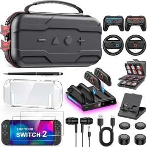 11 in 1 Accessories Kit for Nintendo swtich 2, Accessories Bundle for Switch2 easy to carry and store with Storage Bag, Steering Wheel, Controller Grips, Screen Protector, Game Card Case,Earphones, tempered glass, handle charging stand, earphones
