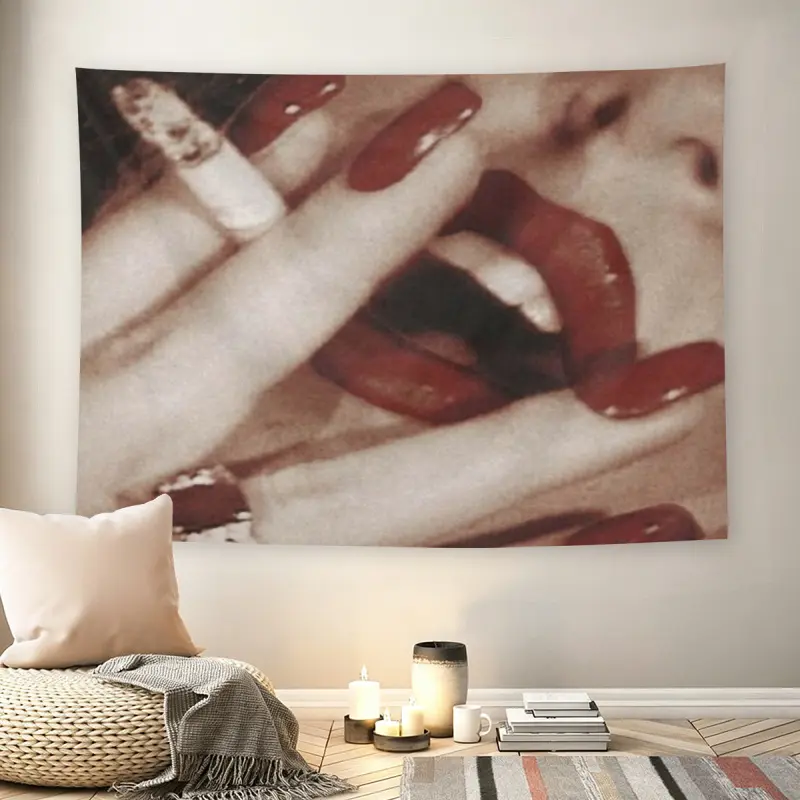 Red Lips & Cigarette Wall Flag, 90s Grunge Aesthetic, Mid-century Modern Black Flash Manga Style, 2000s Retro Vibe, Edgy Room Decor For Adult Fans, Y2K Dark Academia, Teen Bedroom, Aesthetic Tapestrymusic comics wall flags custom tapestries