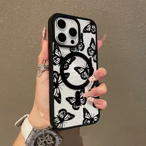 Trendy Magnetic Case for iPhone11/12/13/14/15/16/17/promax Black Butterfly Print MagSafe Ready, Ultra Thin & Shockproof | Cute Pick for Girls