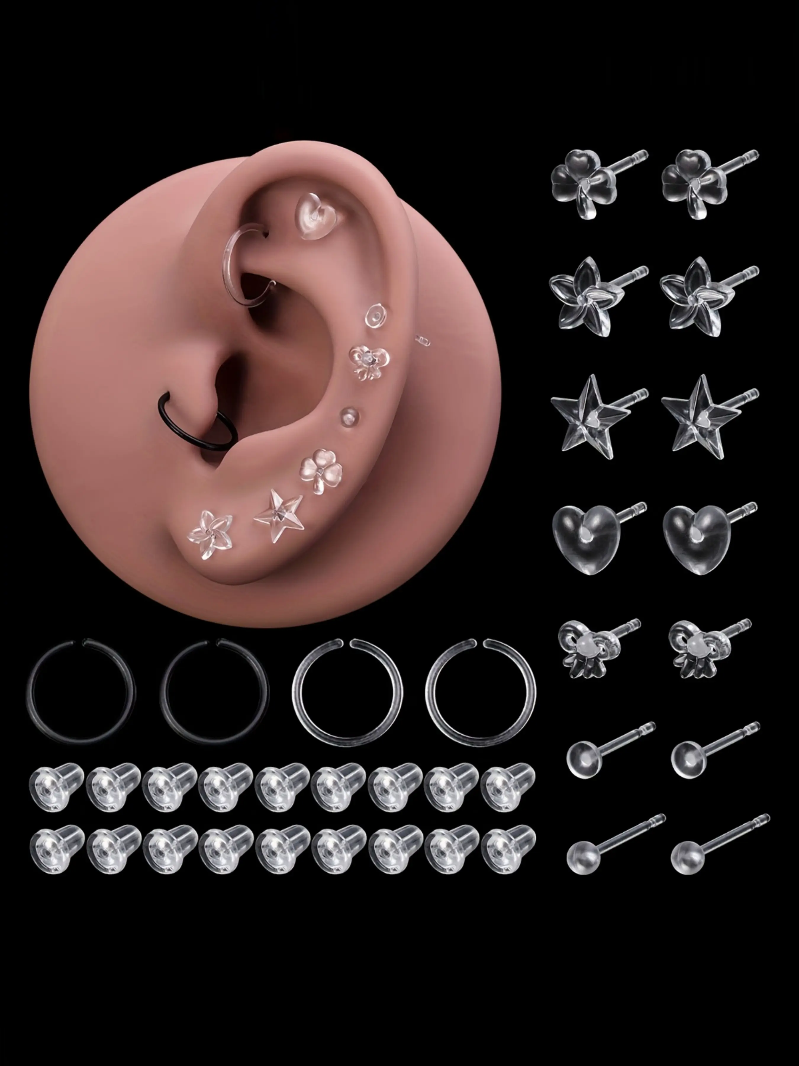 18pcs Clear Heart Star Stud Earrings Set, Cute Plastics Earrings, Kawaii Hypoallergenic Design, Ideal for Both Women & Men, Ear Studs, Multipack, Earrings Jewelry