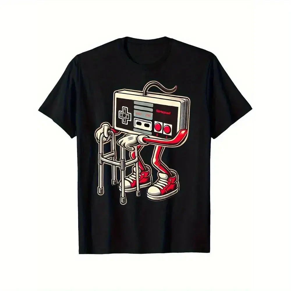100% Cotton Men'S And Boys Retro Gaming Pattern T-Shirt - Fun Old Video Game Console Design, Black Casual T-Shirt With Red Sneakers And Cable Detail, Short Sleeves, Crew Neck, Machine Washable Golf Gift T-Shirt For Men And Womenwwzz