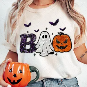 Boo Spooky Season Cute Retro Halloween Shirt Cotton Allsize T-Shirt No Glitter