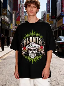 Men's T-Shirt with Cartoon Leaf & Skull Print | Stylish Short-Sleeve Top | Unisex | Full-Color Print | Ideal for Parties, Gatherings, & Gifts | A Favorite Among Music Enthusiasts