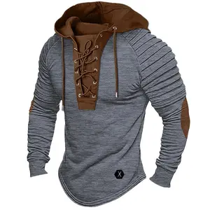 Solid Color Hoodie Men's T-Shirt Top Pleated Hooded Long Sleeve Tie Patch Casual Black Fashion Menswear Sweater Fitted Khaki Matching Polyester Sweatshirts Wetsuit mint essentials streetwear shop for deals（gift）