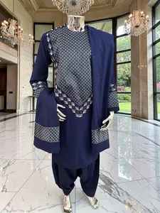 Medium Midnight Navy Hand Embroidered Afghan Parahan Tunban Set with Matching Chadder