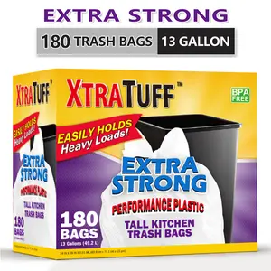 Xtratuff Basics 13gal Normal Trash Bags, Extra Thick Sturdy White Flap-Tie Tall Kitchen Waste Bags, Leak-Proof, Eco-Friendly, BPA-Free, 180-Count
